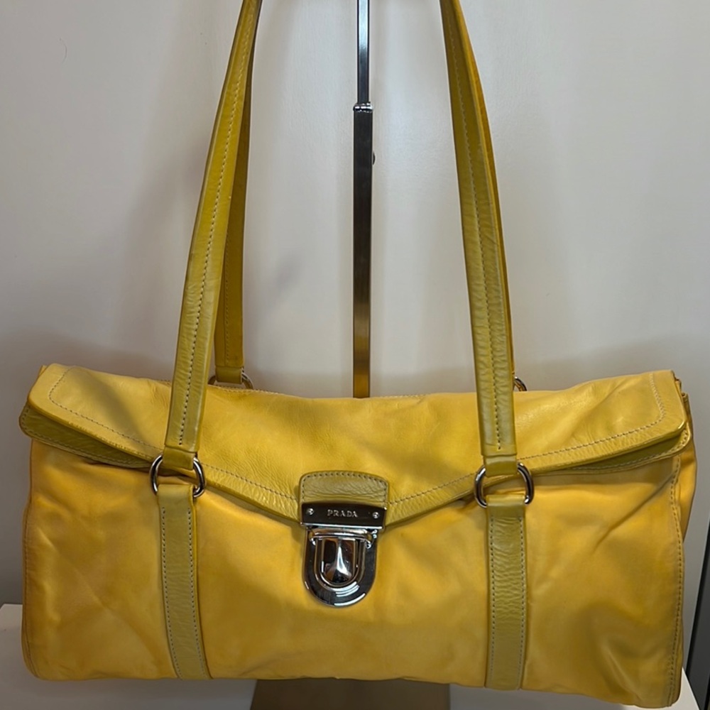 Prada Yellow Tessuto Nylon and Leather Shoulder Bag With COA